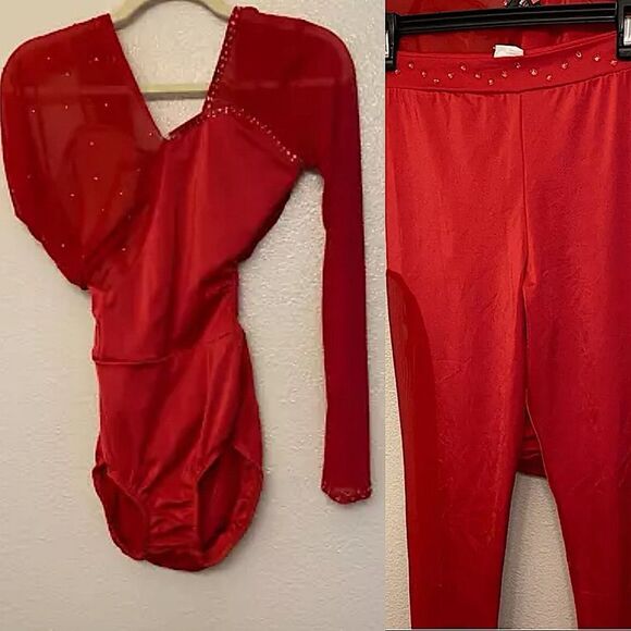 Kelle red 2 piece leotard and leggings Dance Costume set -Adult SA - Picture 2 of 14